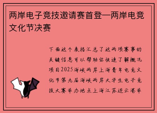 两岸电子竞技邀请赛首登—两岸电竞文化节决赛